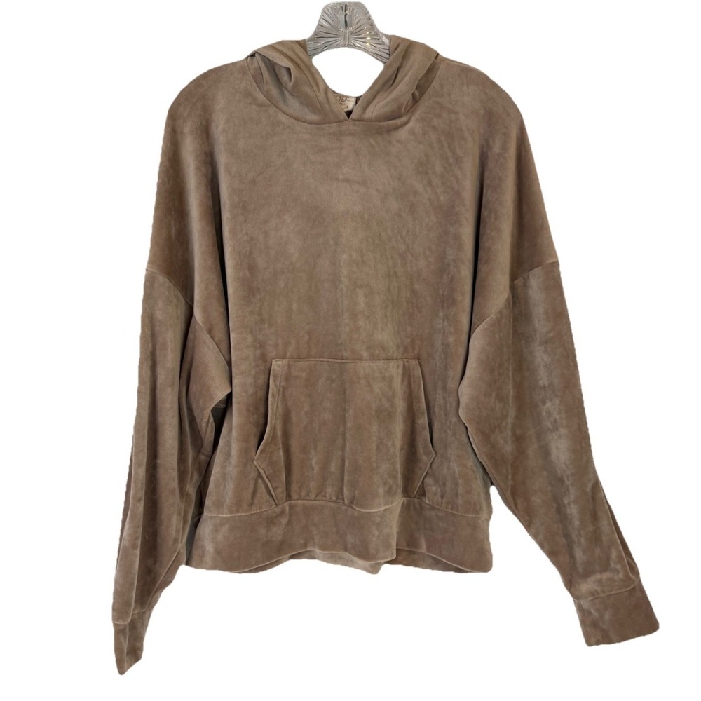 Cozie Velour Hoodie Large Taupe Soft Lounge Pullover Cozy Athleisure Vacation